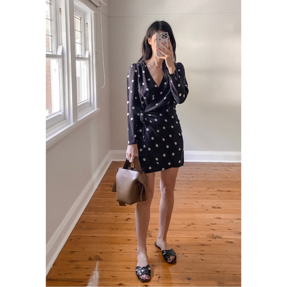 SEZANE Black & White Silk Polka Dot Long Sleeve V Neck Mini Wrap Dress - Picture 6 of 16